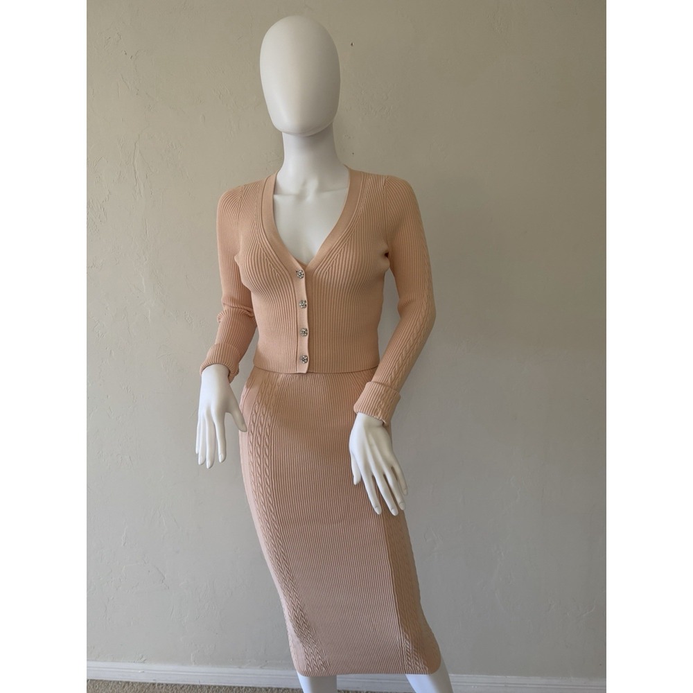 Jonathan Simkhai peach stretch Knit 3 Piece Set Skirt Cardigan Rhinestone top XS